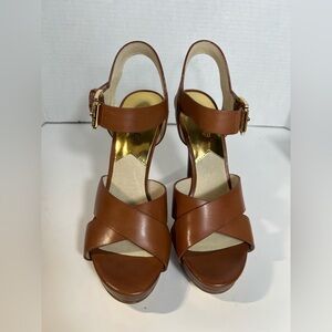Michael Kors Oksana Leather Platform Sandals Heels Size 6.5 Luggage Brown